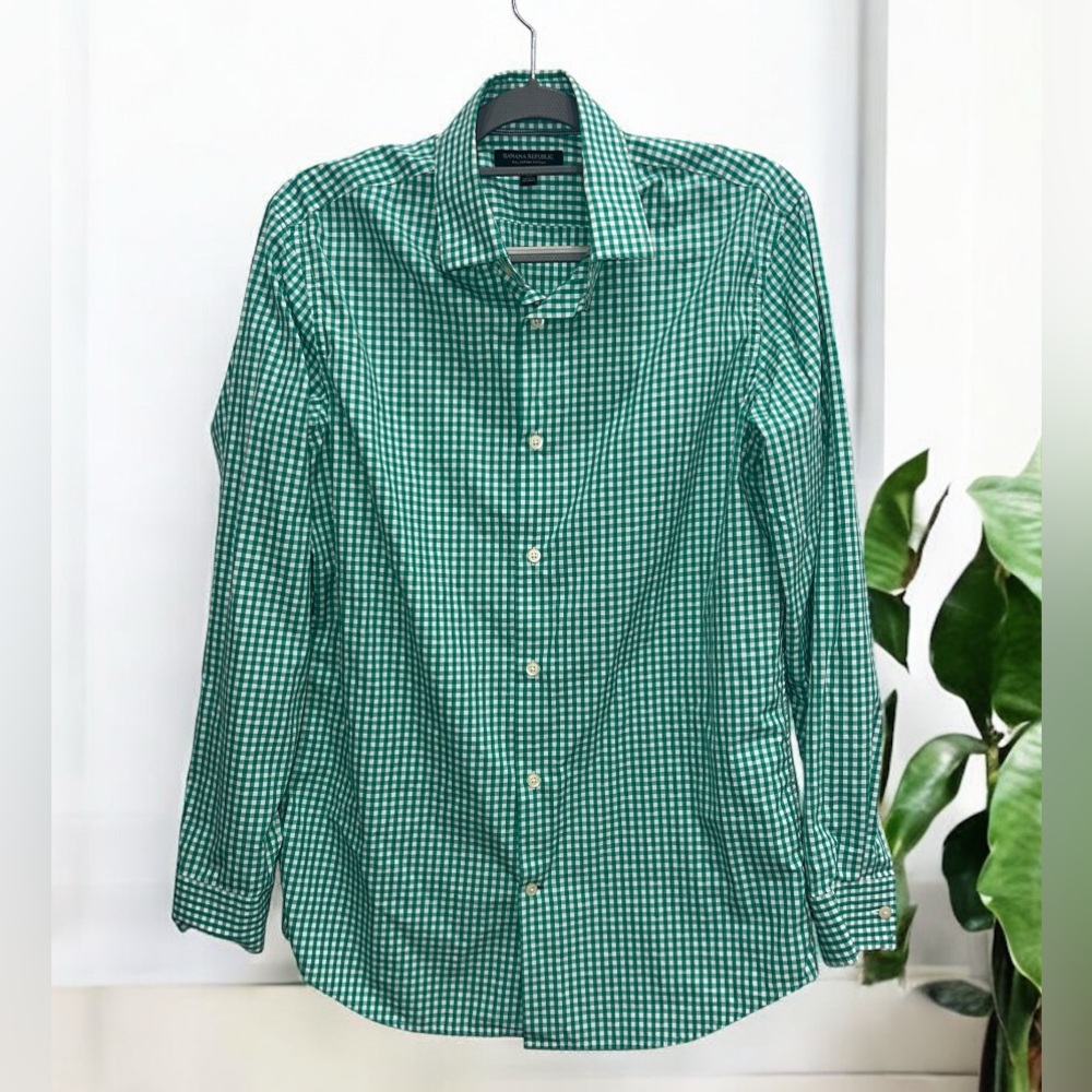 Banana Republic Men’s Camden Fit Button Down Green White Checkered Shirt Sz Med